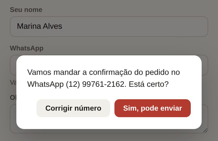 Janela no cardápio perguntando se o número de WhatsApp digitado está certo, com os botões Corrigir número e Sim, pode enviar.