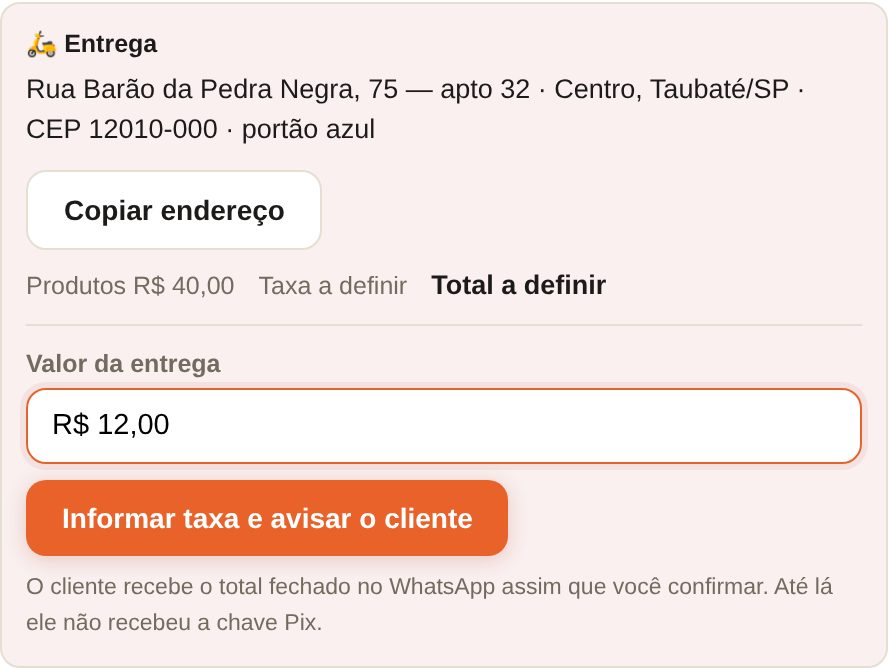 Detalhe do pedido no painel: endereço de entrega com botão de copiar, e o campo para informar a taxa e avisar o cliente.