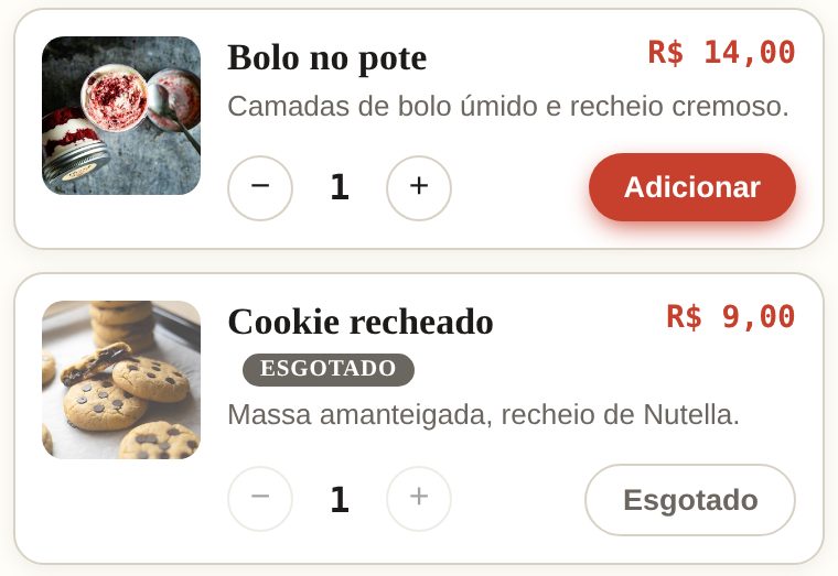 Dois produtos no cardápio: um disponível com botão Adicionar, e um Cookie recheado marcado como esgotado, com foto colorida e sem botão de pedir.