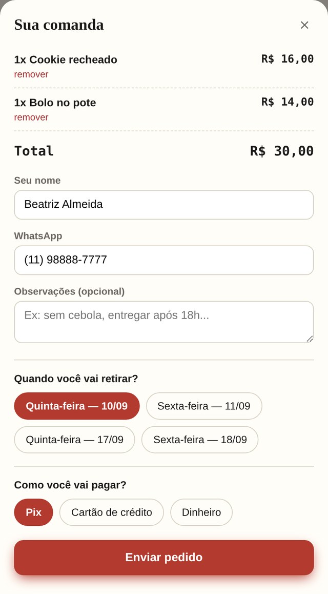 Comanda do cardápio no celular com dois itens, o dia da retirada e a forma de pagamento escolhidos.